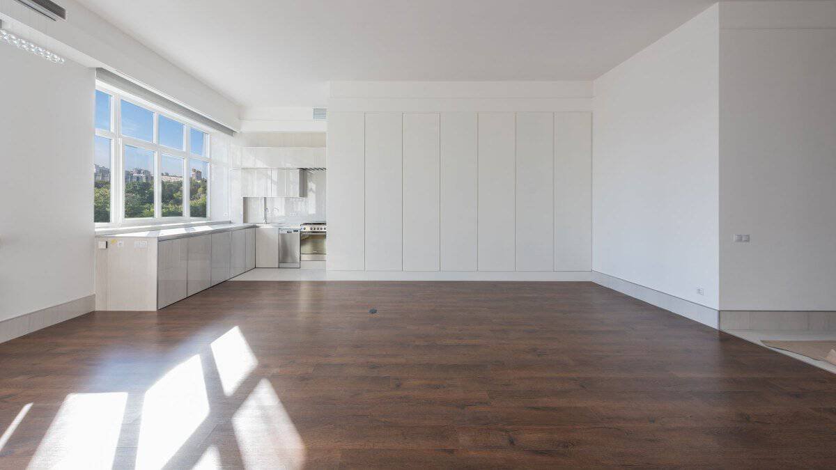 empty apartment living room with bare floor and daylight through windows