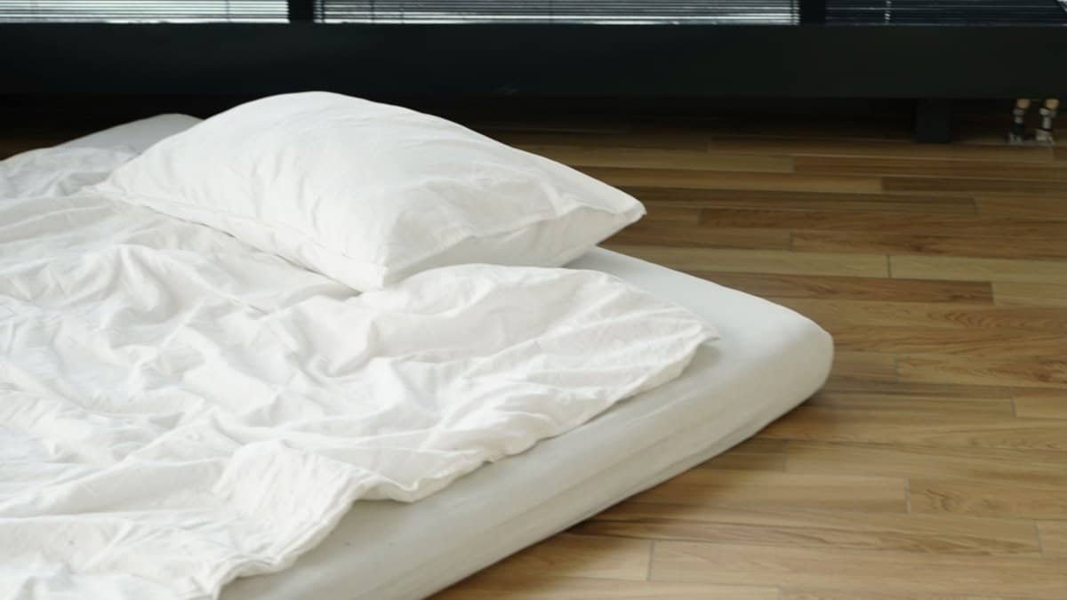 bare mattress on a wood floor by a window in a new apartment